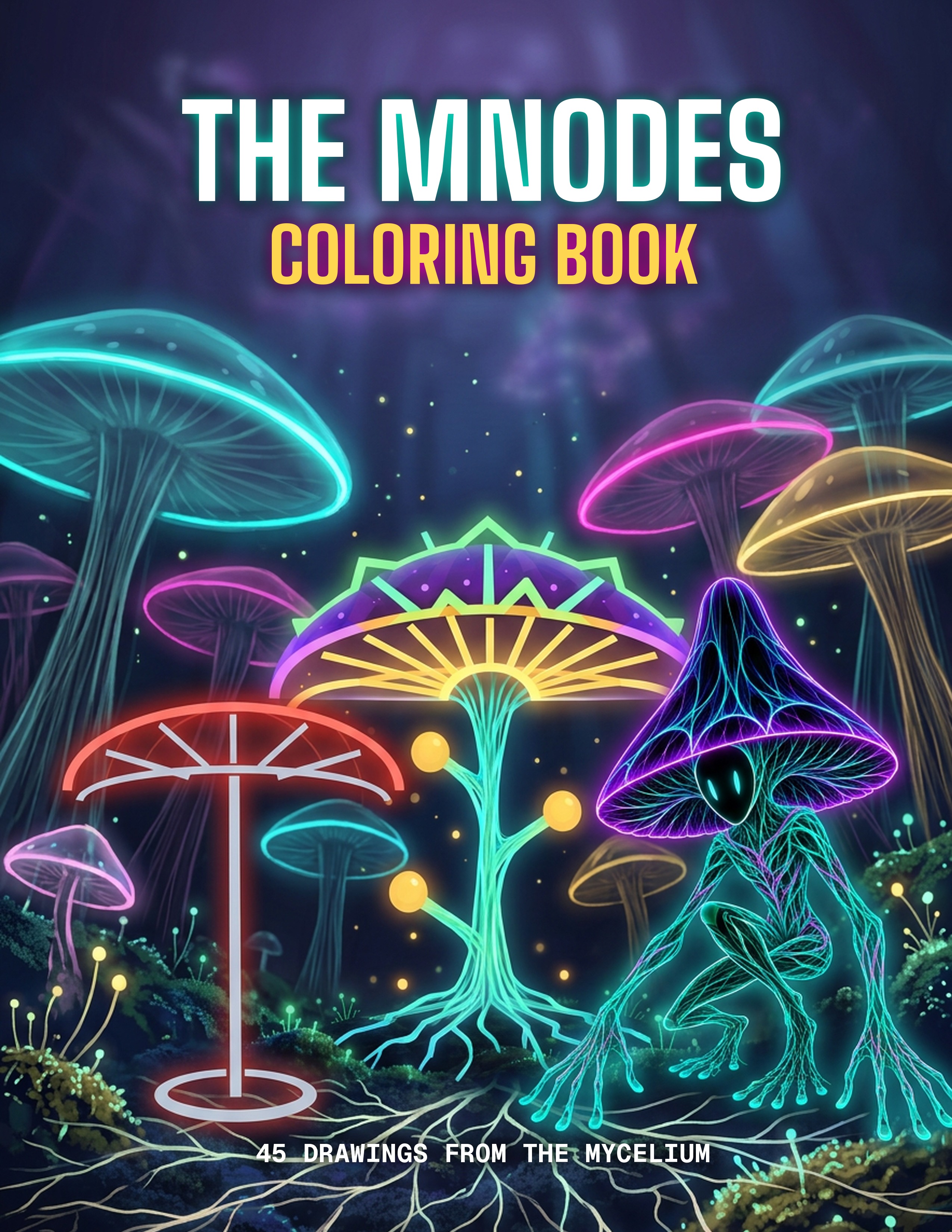 The Mnodes Coloring Book cover, glowing Mnodes and Mkin in the Mycelium
