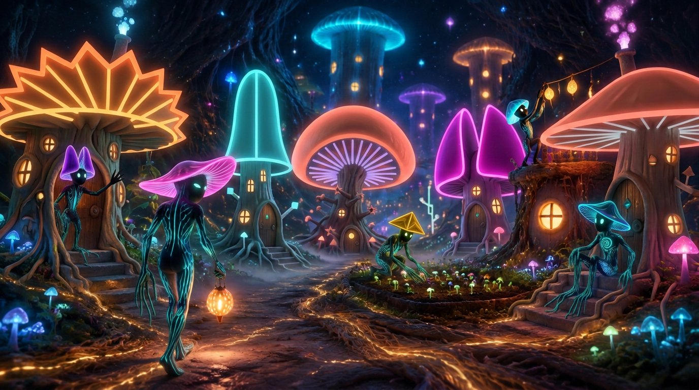 The Mycelium village, glowing Mnode homes connected by root paths, with Mkin tending the forest