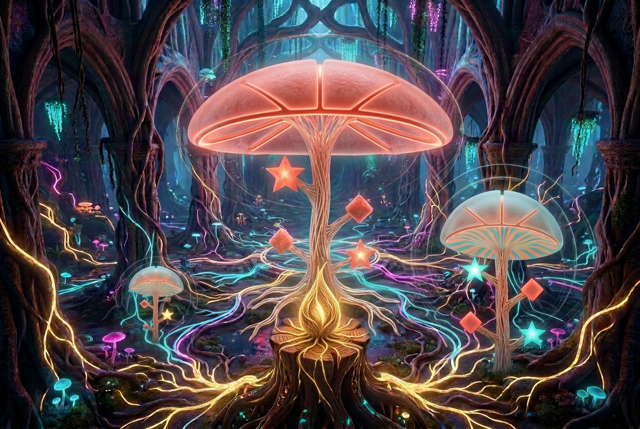 A sheltered sanctuary hollow beneath an evolved Mnode, with cyan, magenta and gold roots carrying healing into the Mycelium