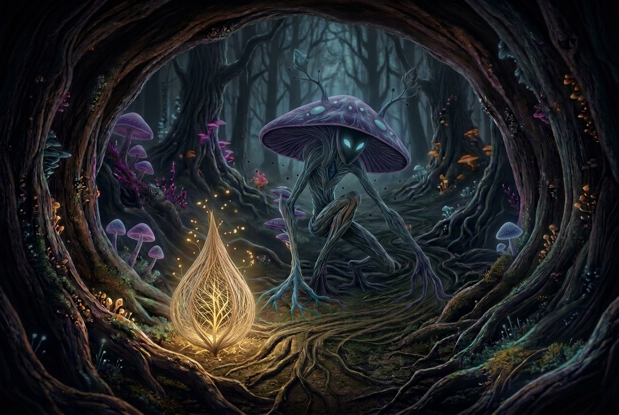 A Mkin cupping a golden lightseed, an old Mnode's last spark, within a sheltered hollow